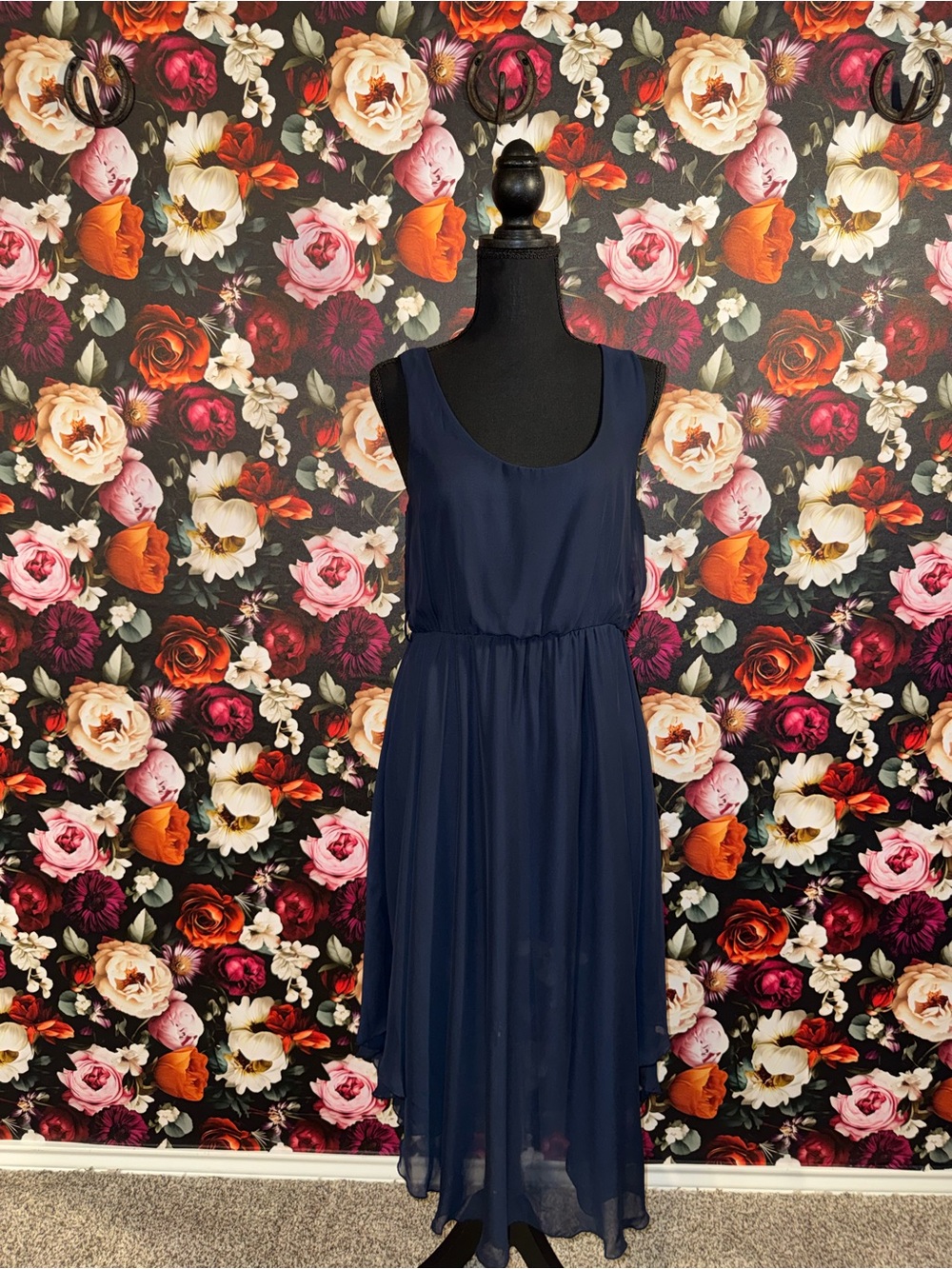 Maude Navy Sleeveless Midi High-Low Chiffon Dress, Size Large